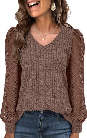 Generic Ladies Long Sleeve Vintage Lace Puff Sleeve Top - V-Neck Textured Knit Jumper Brown