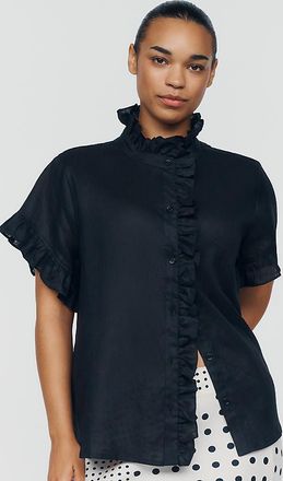 English Factory Linen Blend Ruffle Shirt Top