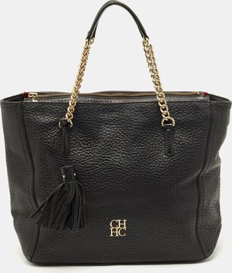 Carolina Herrera Tassel Top Zip Black Pebbled Leather Tote