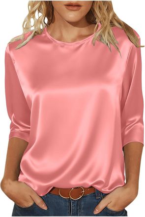 Generic Satin Tops for Women Elegant Going Out Tops Crew Neck 3/4 Sleeve Silk Blouse Ladies Tshirts Shiny Baggy Fashion Tunic Top Casaul Loose Party Business 