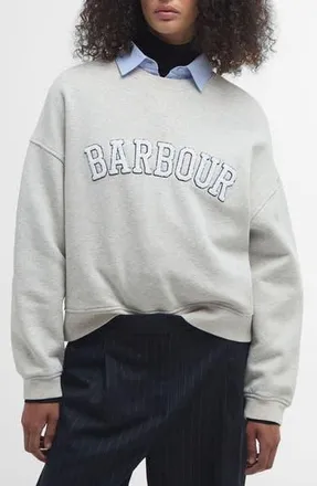 Barbour Silverdale Boucl&eacute; Logo Cotton Graphic Sweatshirt in Cloud Marl at Nordstrom Rack, Size 12