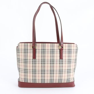 Burberry Beige Red Color Leather Canvas Handbag Shoulder Bag Tote Bag (Pre-Owned)