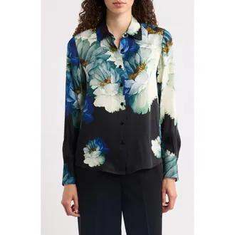 Elie Tahari The Madeline Print Silk Blend Shirt in Twilight Floral at Nordstrom, Size X-Large