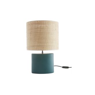 Miliboo L&aacute;mpara De Mesa De Cer&aacute;mica Azul Petr&oacute;leo Mate Con Pantalla De Rafia Natural 40 Cm Tiga