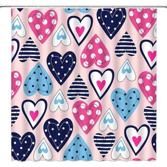 OEM Cortina De Ducha Para El D&iacute;a De San Valent&iacute;n: Estampado De Corazones En Rosa, Azul Y Azul Marino, Dise&ntilde;o Rom&aacute;ntico Bohemio, 91 X 178 Cm, Con Ganchos, 