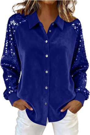 Generic Womens Sequin Blouses Long Sleeve Botton Down Shirts Lapel Neck Sparkly Sequined Velvet Shirt Ladies Casual Elegant Festival Evening Tops for Christma