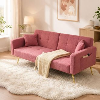 Merax 3 Seater Sherpa Sofa Bed with Adjustable Backrest in Pink