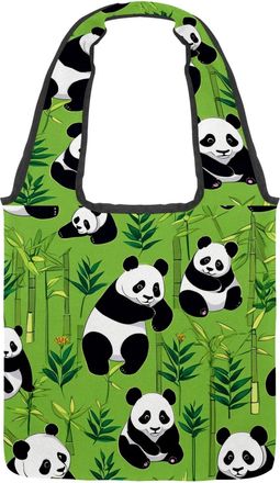 Generic Cute Panda on Green Reversible Canvas Shoulder Tote - Double-Sided Print, 12oz Cotton, 27cm Drop, Fold-Flat Bag for Travel, Shopping, Street Outings