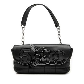 Chanel Pre-owned Womens Camellia Cc Choco Bar No 5 Lambskin Shoulder Bag - Black Leather - One Size