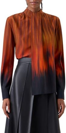 Akris Fuego Print Silk Crepe Top in Coffee-Vicuna at Nordstrom, Size 14