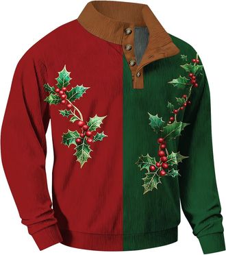 Generic Mens Christmas Holly Berry Print Sweatshirt Red Green Colour Block Quarter Button Up Stand Collar Festive Holiday Pullover Funny Novelty Design(Green,