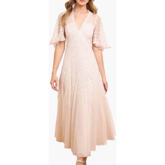 Needle & Thread Dappled Sequin Cape Ankle Gown in Cream at Nordstrom, Size 14