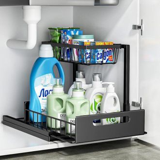 OEM Organizador Met&aacute;lico Para Debajo Del Fregadero - Caj&oacute;n Deslizante De 2 Niveles - Capacidad De 25 Kg - Instalaci&oacute;n Sin Herramientas - Almacenamiento Fl