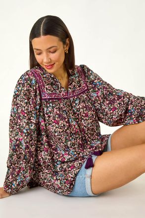 Roman Floral Print Tie Front Top