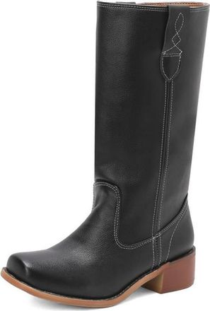 Generic Womens Pull on Mid-Calf Boots Round Toe PU Leather Long Boots Block Heel Western Cowboy Boot,Black,6.5 UK