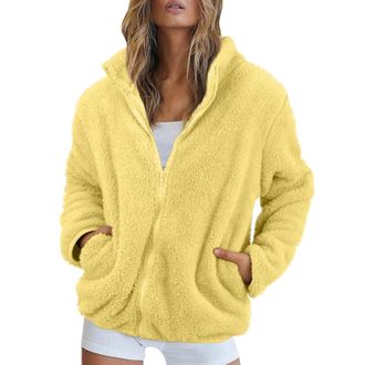 Generic Winter Coats For Women Uk High Neck Teddy Fleece Jacket Oversized Warm Sherpa Jacket Full Zip Up Cardigan Fuzzy Sweatshirt With Pockets(A-Yellow,L)
