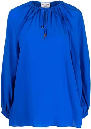Phaeonia Blauwe Zijden Blouse met Strikdetail - Dames - Blouses - Blauw - XS - Overhemden
