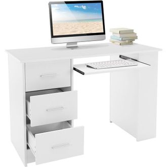 ML Design Ml-design - Escritorio Con 3 Cajones 110x49x75cm Blanco Con Tapas De Cajones Con Manijas Gran Espacio De Almacenamiento Mesa De Trabajo Con Hueco Tecl