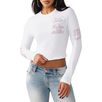 True Religion Sporty Crystal Logo Graphic Long Sleeve T-Shirt in White/Pink at Nordstrom, Size Xx-Large