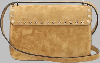 Valentino Garavani Womens Rockstud Small Suede Shoulder Bag Beige Calf Leather