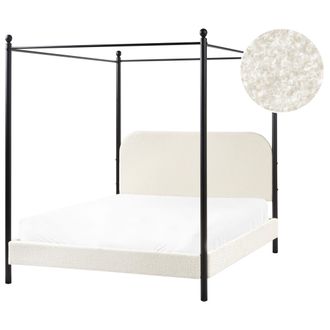 Beliani Cama Con Dosel De Metal Negro Retro Minimalista Somier De Listones Madera De &Aacute;lamo Tapicer&iacute;a De Boucl&eacute; Blanco Crema 140 X 200 Cm Dannemois