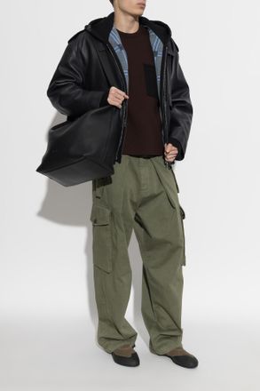 Loewe Leather Hooded Jacket, Mens, Navy Blue