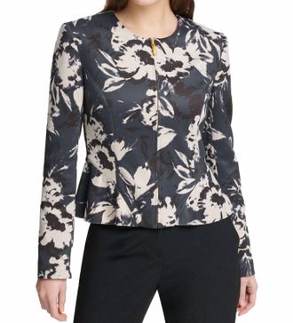 DKNY Floral Print Peplum Jacket In Gray Multi