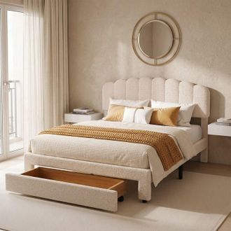 OEM Cama 140x190 Con Almacenamiento - Pocketpop - Terciopelo Teddy Beige - 1 Caj&oacute;n - Puertos Usb/type-c - Cabecera Ajustable