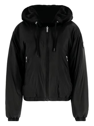 Moose Knuckles Cropped Black Faux Fur Jacket With Plush Hood And Zippered Pockets