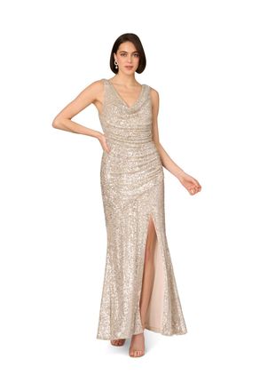 Adrianna Papell Womens Stretch Sequin A-Line Gown in Beige - Size 14 UK