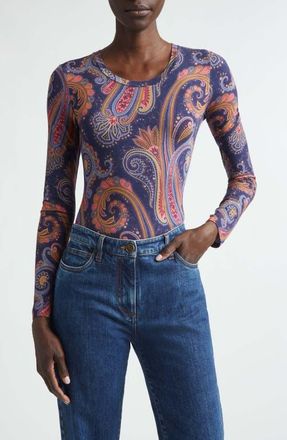 Etro Paisley Long Sleeve Top in Print On Blue Base at Nordstrom, Size X-Large