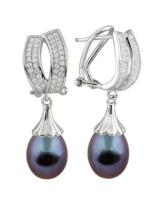 Splendid Pearls Rhodium Plated 9-10Mm Tahitian Pearl & Cz Earrings