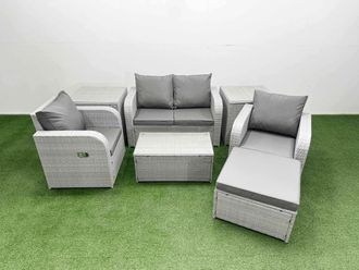 Fimous Light Grey PE Wicker Rattan Garden Furniture Set Sofa Set Reclining Adjustable Chair Rectangular Coffee Table 5 Seater w/ Footstool 2 Side