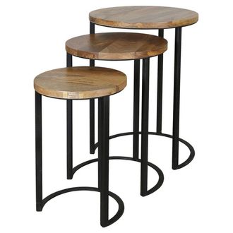 Jaipur Furniture Ravi Iron Base Solid Wood Top Round Stool (Set of 3) - L43 x W43 x H65 cm - Mango Light Finish in Brown