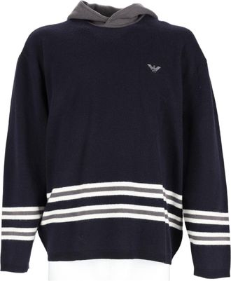 Emporio Armani Navy Blue Hooded Sweater with Striped Detailing