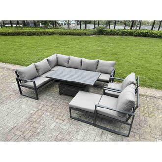 Fimous 9 Seater Aluminum Conversational Set with Lifting Table & Cushions in Dark Grey