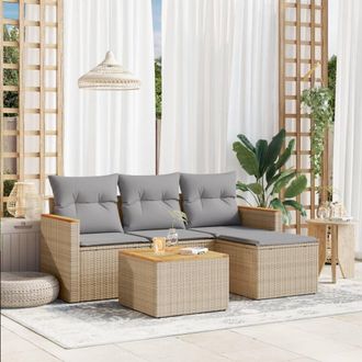 vidaXL Juego De Sof&aacute;s Jard&iacute;n Con Cojines 5 Pzas Rat&aacute;n Sint&eacute;tico Beige Vidaxl