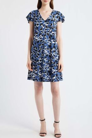 Anne Klein Abstract Floral Print V-Neck Swing Dress in Blue Jay Multi at Nordstrom, Size X-Large P