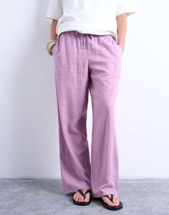 Topshop Pantaloni dritti in lino viola con fondo ampio