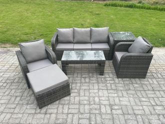 Fimous Wicker PE Rattan Garden Furniture Set Outdoor Lounge Sofa Set with Reclining Chair Coffee Table Side Table in Dark Grey