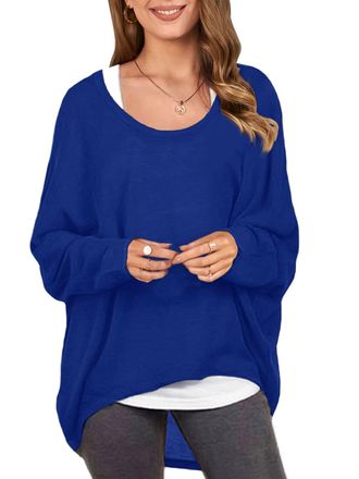 Zanzea Womens Batwing Sleeve Off Shoulder Loose Oversized Baggy Tops Sweater Pullover Casual Blouse T-Shirt - blue - Medium