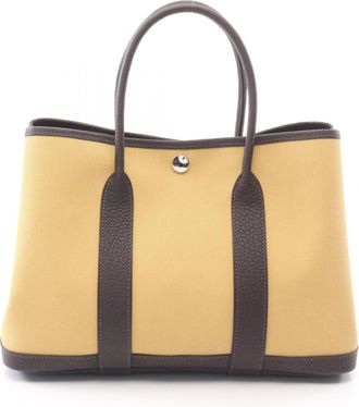Herm&egrave;s Brown Ebene Yellow Canvas Leather Handbag Tote Bag (Pre-Owned)