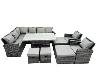 Fimous Poly Rattan Outdoor Patio Corner Sofa Set with 4 Stool, 2 Chairs in Dark Grey