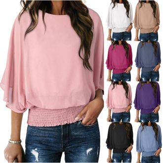 Generic Womens Blouses Ruffle 3/4 Sleeve Tops Loose Flowy Crew Neck Chiffon Top Elastic Smocked Waist Blouse Double Layers Mesh Shirts Elegant Casual Solid La
