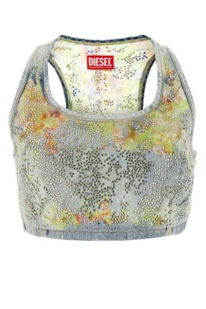 Diesel Womens Embellished Denim De-detop-fse Crop-top - Light Grey Cotton - Size X-Small