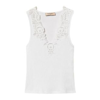 Twinset Sleeveless Tops, female, White, Size: XS Canotta con pizzo lavorazione in maglia a coste scollo a V