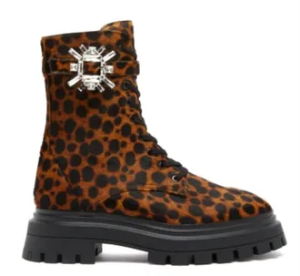 Stuart Weitzman Womens Crystal Nova Bedford Leopard Combat Boots In Toffee