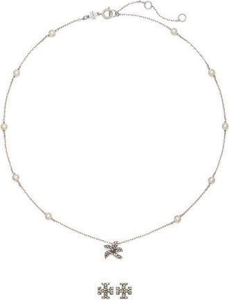 Tory Burch Moondance Pendant Necklace & Pav&eacute; Stud Earrings Gift Set in Tory Silver /Pearl at Nordstrom