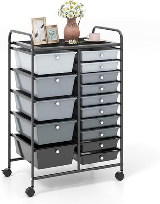 Costway Costway - Carrito Auxiliar Almacenamiento Con 15 Cajones Apilables Y Ruedas Estructura Met&aacute;lica, Carro Organizador Para Cocina Restaurante (negro+marc
