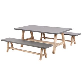 Beliani Conjunto De Jard&iacute;n De Hormig&oacute;n Fibrocemento Madera De Acacia Mesa De Comedor 2 Bancos Gris Tonnare